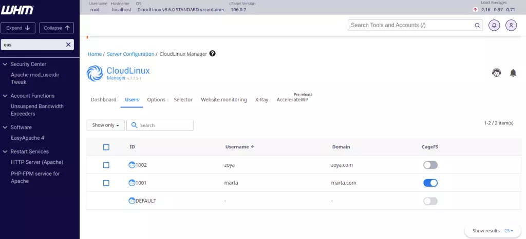 schermata di esempio cloudlinux